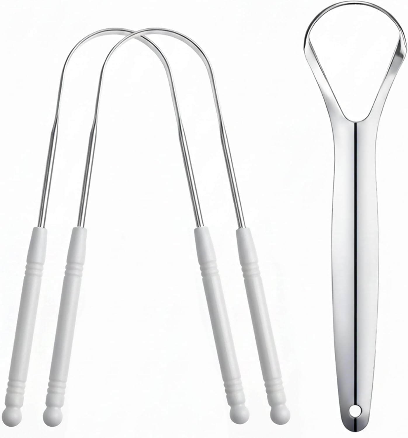 3 Pack Metal Tongue Scraper, Stainless Steel Tongue Cleaning Tool, Reusable Manual Design for Daily Oral Care, Portable Tongue Cleaner Set, White