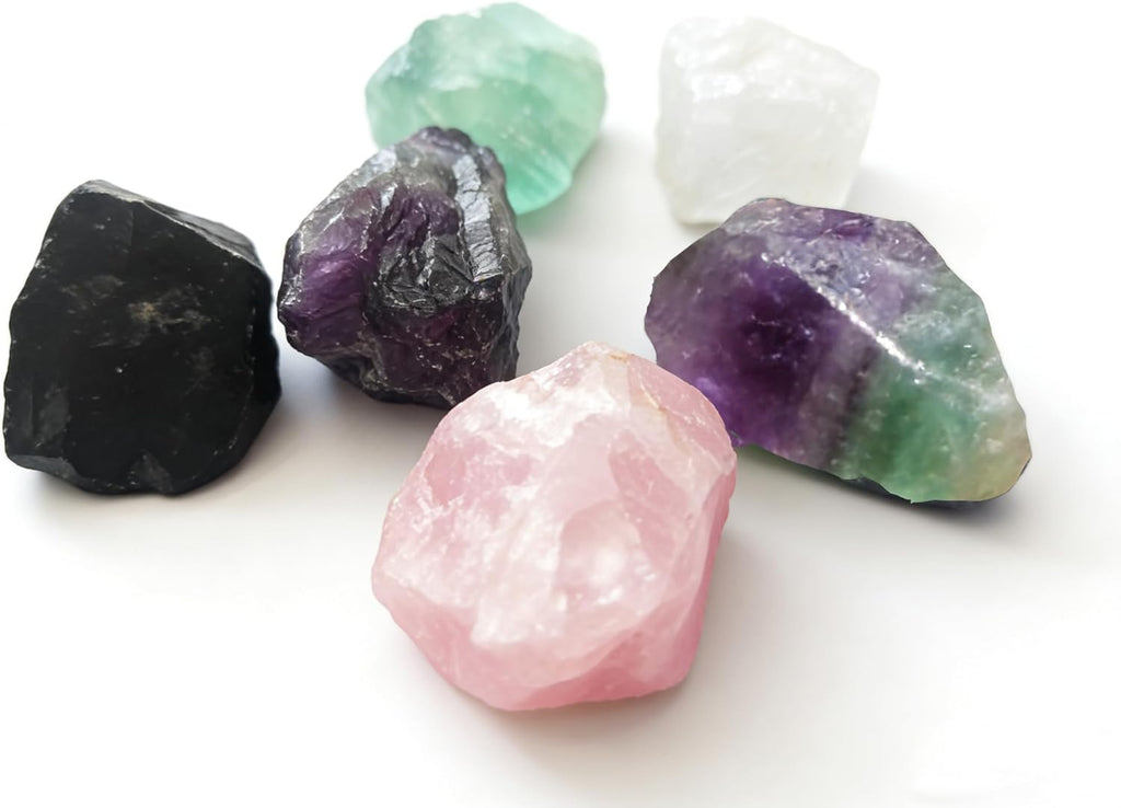 Protection Crystal Set, Raw Crystals for Chakra Balance – Obsidian Amethyst Clear Quartz Rose Quartz Green & Color Fluorite. 1.2-2"0.58lb Bulk Rough Stones for Home Meditation Reiki Gifts