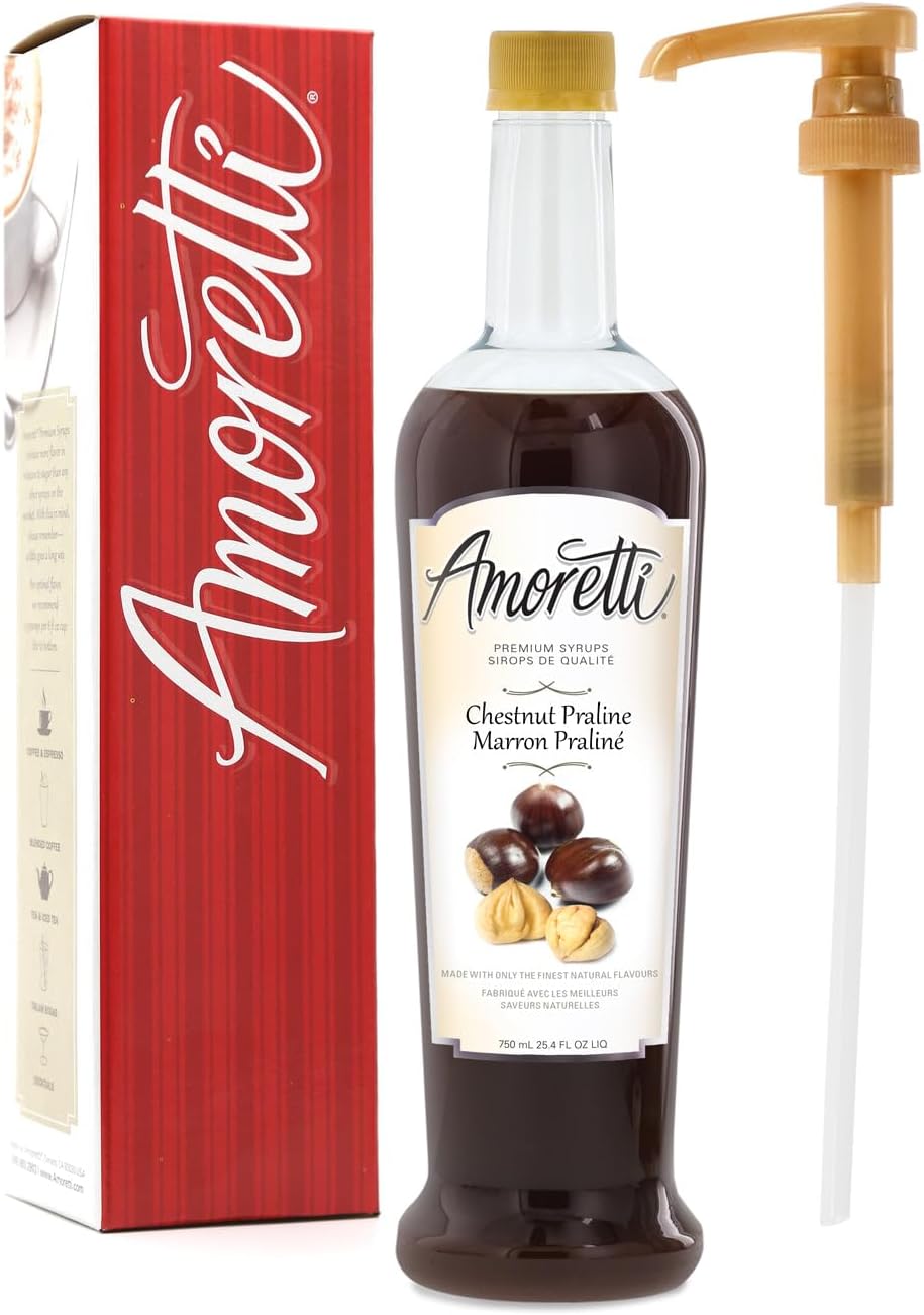 Amoretti - Premium Chestnut Praline Syrup, 94 Servings Per Bottle (750 ml), with Pump for Flavoring Coffees, Cocktails, and other Beverages, Gluten Free, GMO/GEO Free, Preservative Free