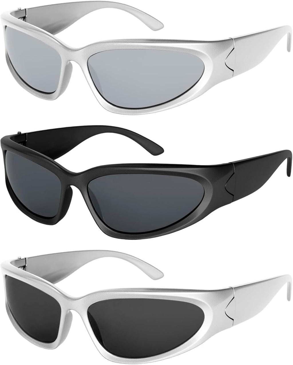 3Pack Y2K Wrap Around Sunglasses for Men Women Silver Glasses Retro 90s Fashion Sport Shades Eyeglasses