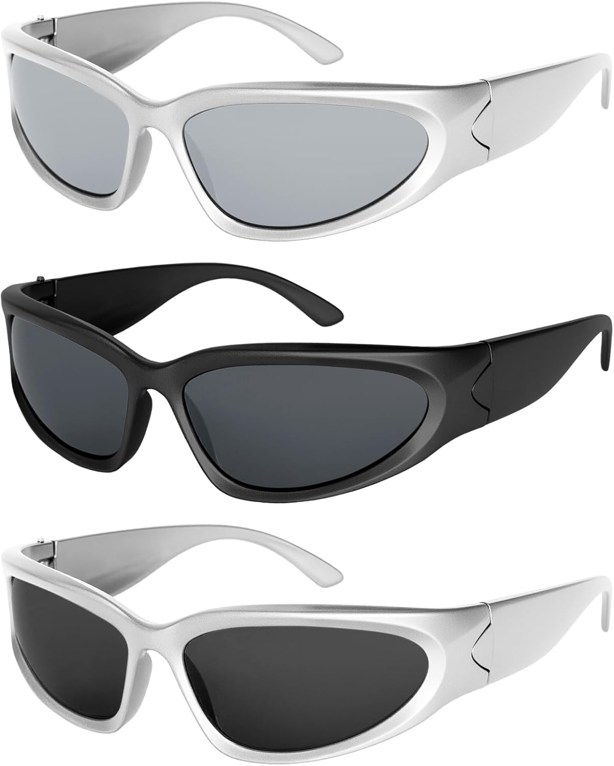 3Pack Y2K Wrap Around Sunglasses for Men Women Silver Glasses Retro 90s Fashion Sport Shades Eyeglasses