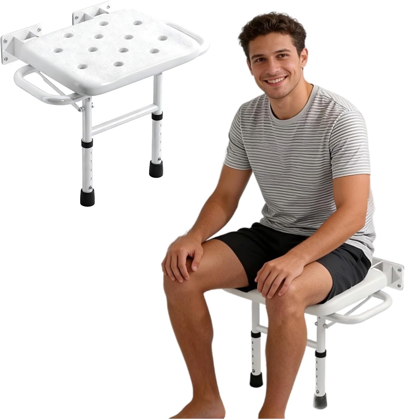 Foldable Wall Mounted Shower Seat, Height Adjustable Bathroom Stool with Armrests, 330lbs Capacity, Rustproof Bath Chair for Seniors, Elderly, Disabled & Pregnant Women