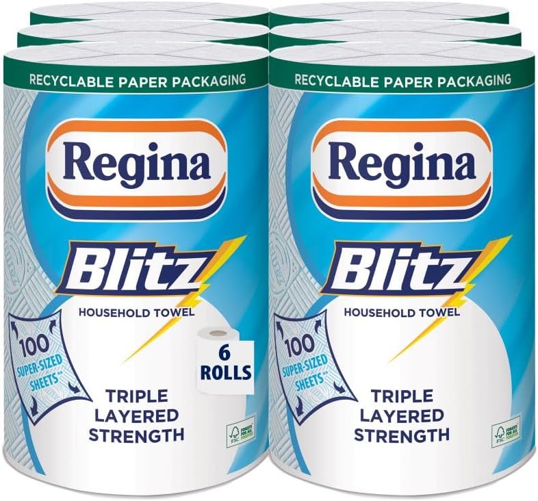 Regina Blitz Household Towels – 6 Rolls Per Pack, 3-ply Kitchen Roll, 100 Sheets Per Roll, Paper Packaging, FSC Certified Paper, Recyclable Packaging, Larger Than Standard Kitchen Roll Sheets
