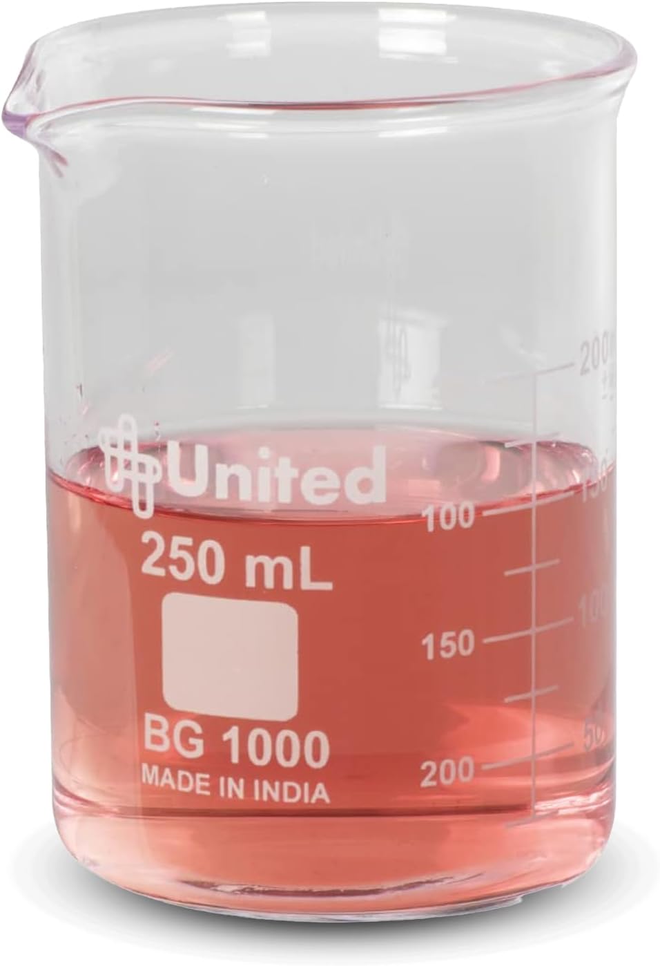 United Scientific™ 250 ml Beaker, Low Form Griffin 3.3 Borosilicate Glass Beaker, Double Scale Graduated, ASTM-E960 Compliant, Autoclavable Lab Glassware for Chemistry Research, 1 Each