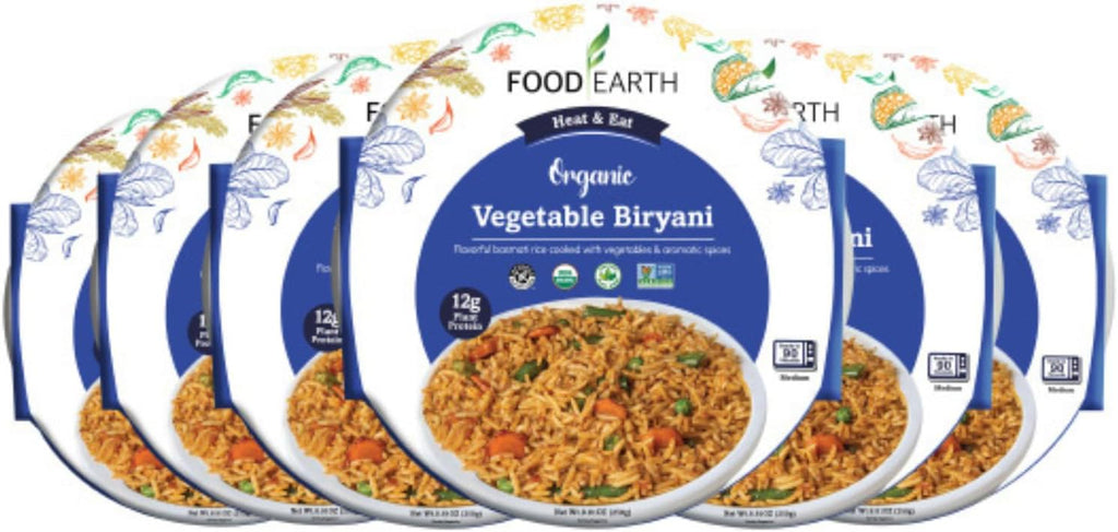 Food Earth Ready to Eat Vegetable Biryani – Organic, Vegan, Gluten-Free Indian Meal – Microwavable, Plant-Based Prepackaged Lunch – 8.81 oz Each (Pack of 6)
