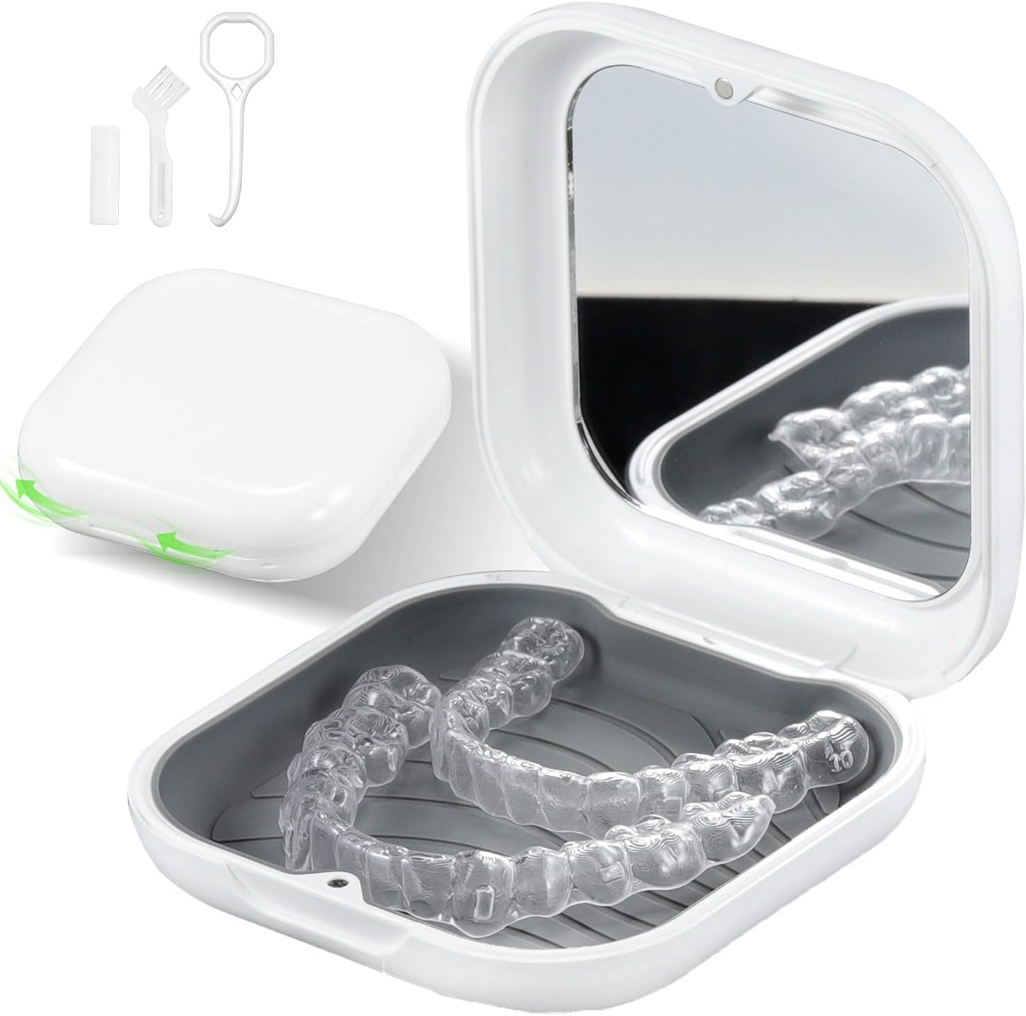 Retainer Case, Slim Aligner Case with Mirror, Compatible with Invisalign, Night Guard and Mouth Guard, Premium Retainer Case, With Aligner Remover Tool, Chew & Brush, White