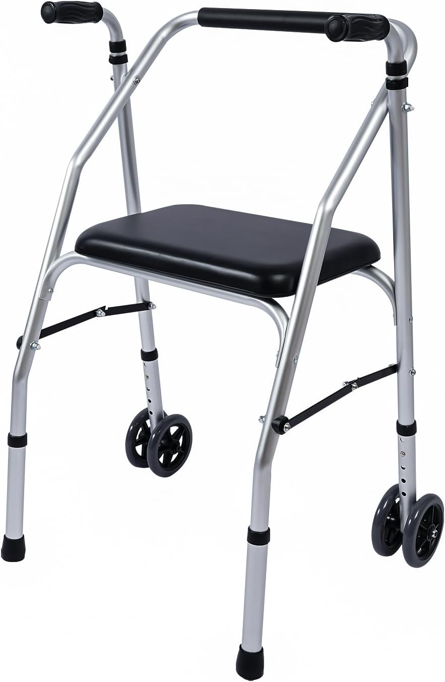 Foldable Standard Walkers for Seniors, Height Adjustable Lockable Walker, Medical Walking Mobility Aid, 350lbs Rolling Walker for Adult Bariatric Handicap
