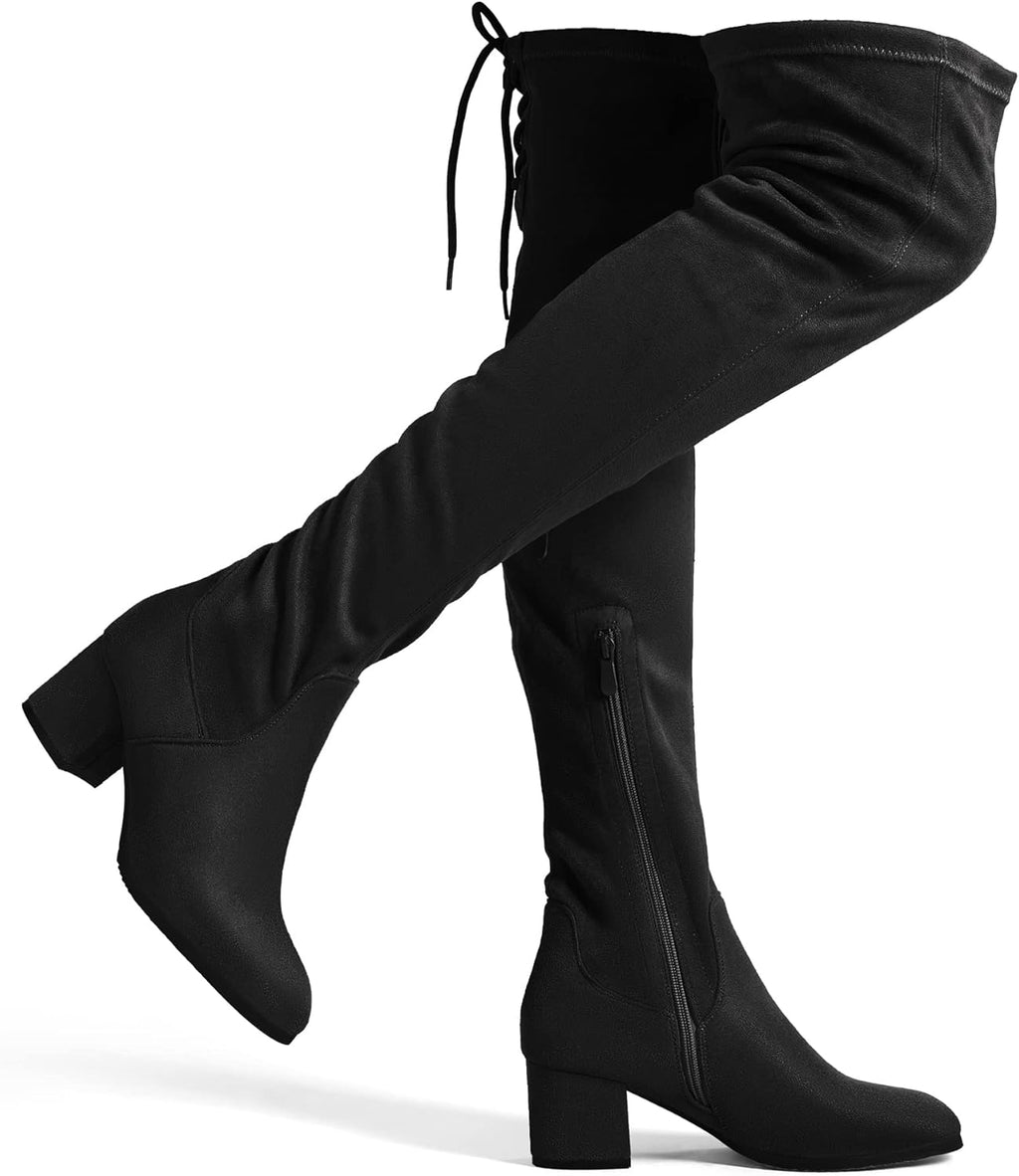 DREAM PAIRS Women's Laurence Over The Knee Thigh High Chunky Heel Boots Long Stretch Sexy Fall Boots