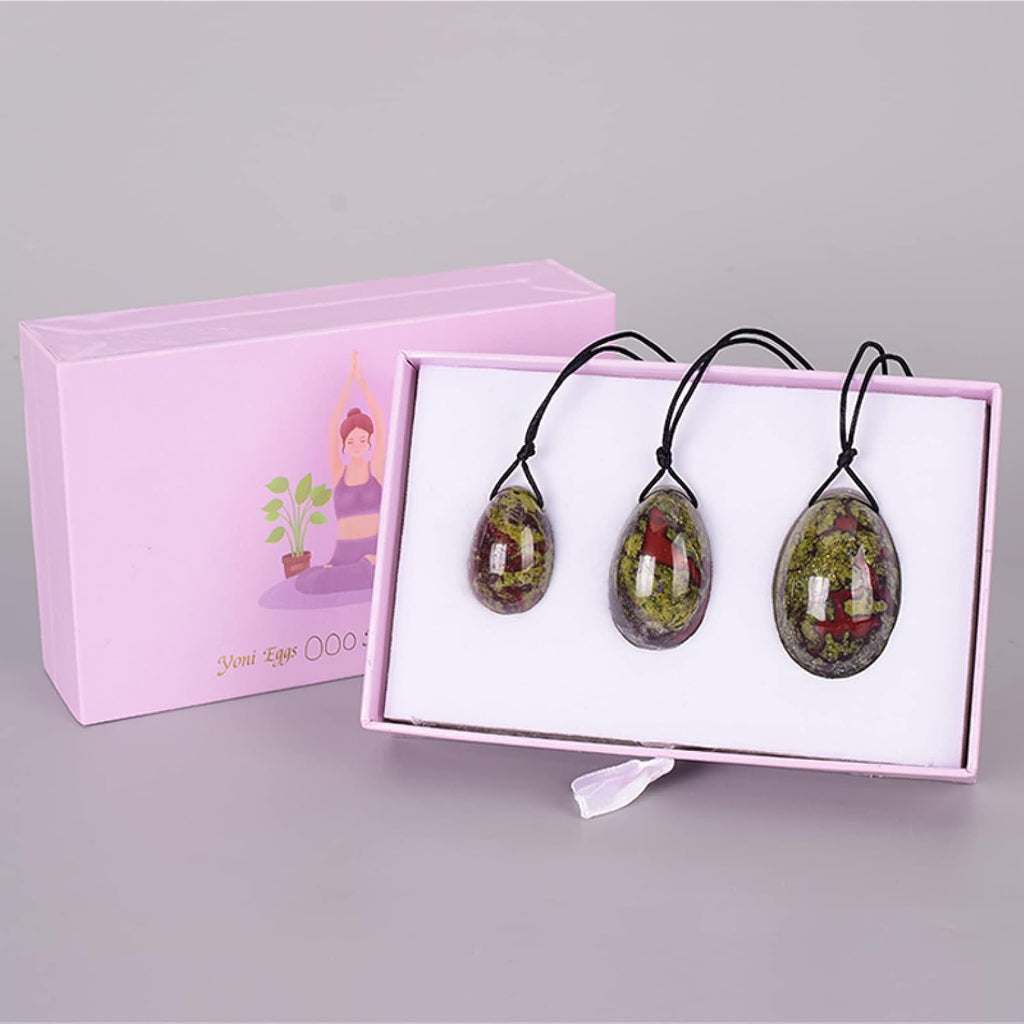 Drill Yoni Egg 3 Pcs Set Natural Crystal Rose Quartz Ball Kegel Exercise Tool,Blooded Jasper