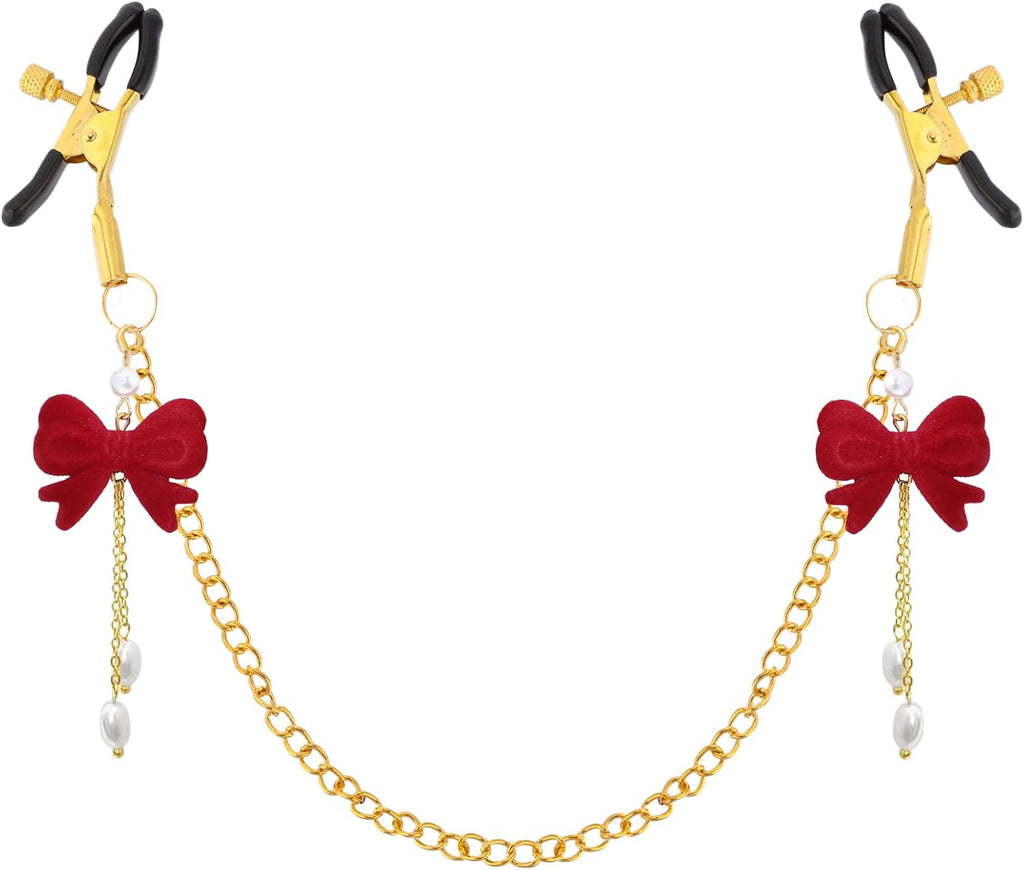 Red Bow Body Clamp with Chain - Adjustable Nipple Clips for Women Play Body Clamp Sensory Non-Piercing Metal Body Clips with Gold Chain Bedtime Play Couples Gift