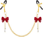 Red Bow Body Clamp with Chain - Adjustable Nipple Clips for Women Play Body Clamp Sensory Non-Piercing Metal Body Clips with Gold Chain Bedtime Play Couples Gift
