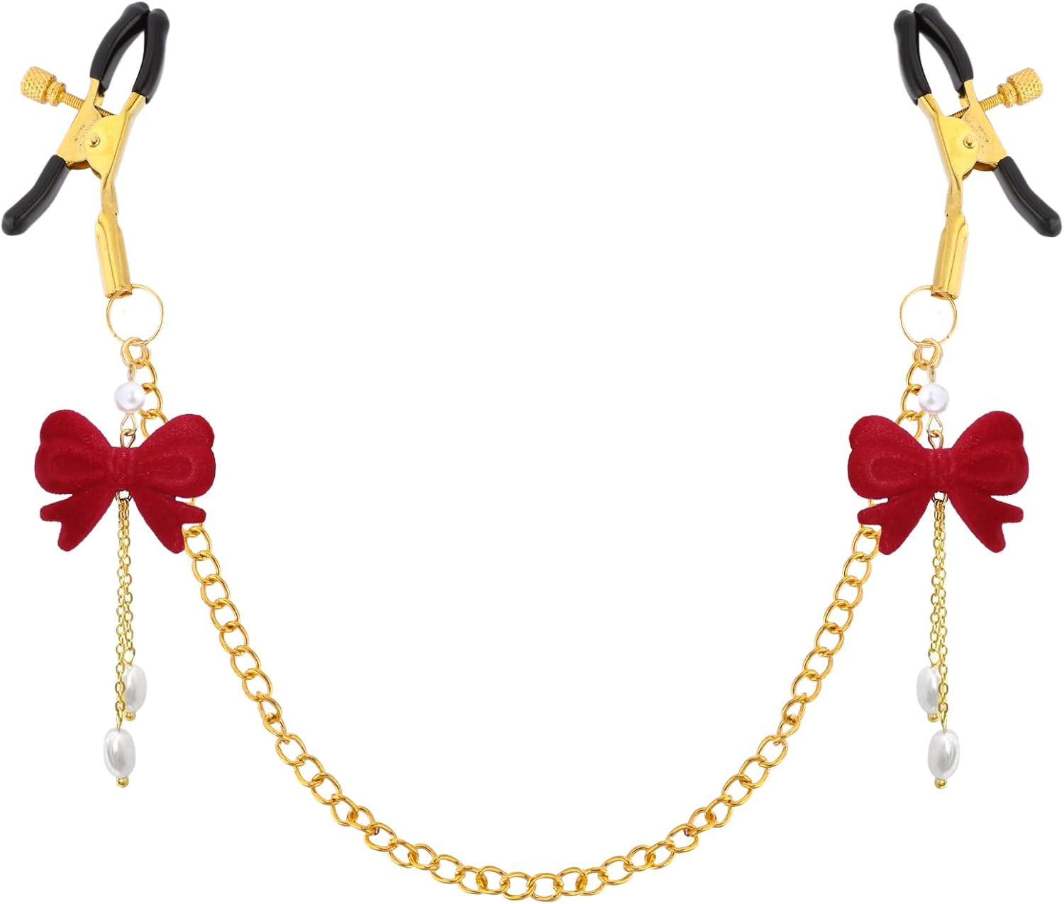 Red Bow Body Clamp with Chain - Adjustable Nipple Clips for Women Play Body Clamp Sensory Non-Piercing Metal Body Clips with Gold Chain Bedtime Play Couples Gift