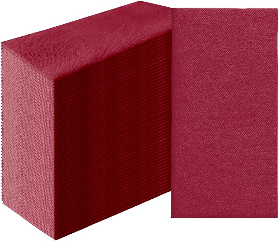 PAW - 50-Pack Disposable Burgundy Linen-Feel Guest Towels 8" x 4" Folded, European Quality Hand Towels, Elegant Dinner Napkins for Special Occasions - Wedding, Birthday, Holiday, Bridal Shower