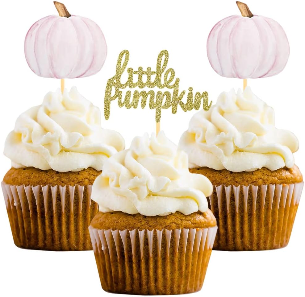 Little Pumpkin Cupcake Toppers, Thanksgiving Birthday Baby Shower Fall Theme Party Decorations Gender Reveal Supplies - Set of 24 (pink)
