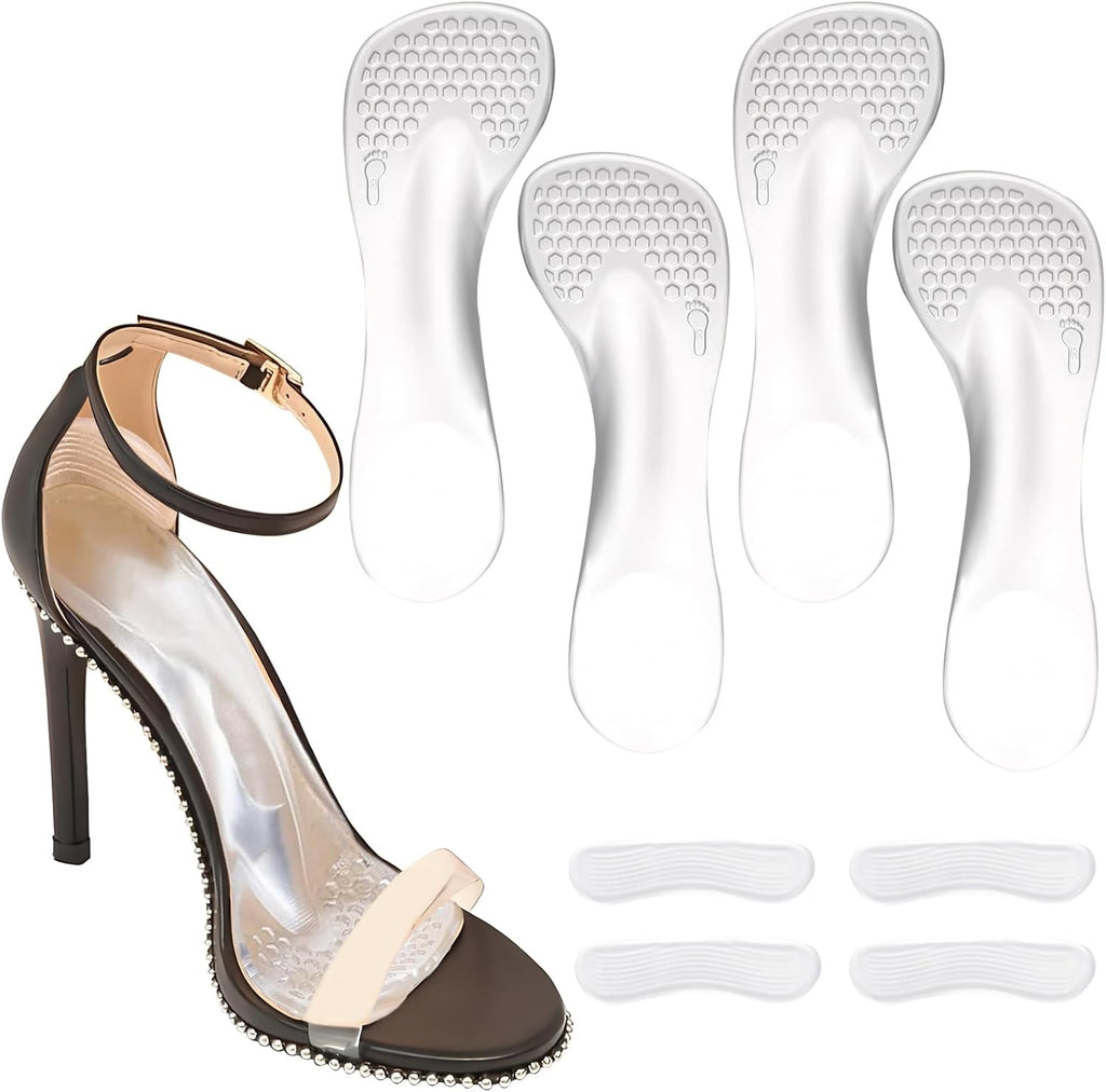 2 Pairs 3/4 Gel High Heel Insoles and 2 Pairs Heel Pads for Shoes, Self-Adhesive Arch Support. Relieves Foot Pain, Fits Pumps, Sandals, Dress Shoes, Flats, Sneakers (Clear, Women's 5-9)