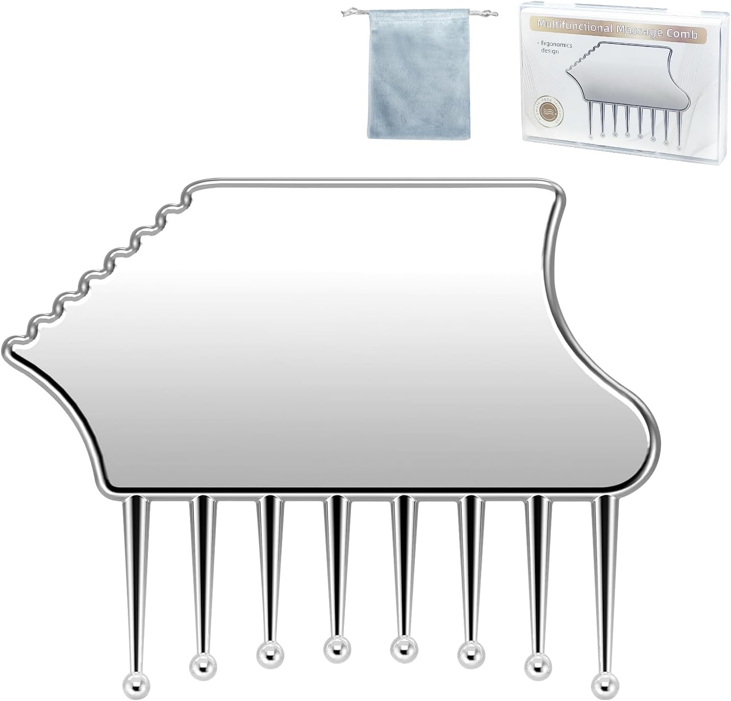 Metal Gua Sha Scalp Massage Tool - Multi-Edge Metal Head Massager & Scalp Scrubber, Portable Gua Sha Comb for Scalp, Face, Neck, Hand & Leg Care with Velvet Storage Pouch