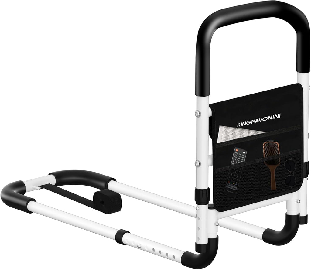 KingPavonini Bed Rails for Elderly Adults Safety - Adjustable Bed Cane with Non-Slip Ergonomic Handle and Storage Pocket, Bed Railings for Seniors Hold up to 350 Lbs, Tool-Free Installation