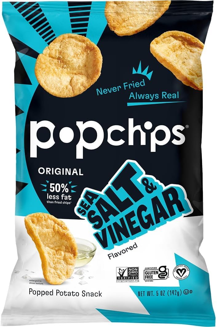 Popchips Potato Chips, Sea Salt & Vinegar, 5.0 oz. Share Bags, Low-Calorie, Gluten Free, Salty Snacks for Adults and Children, Non-GMO, Vegan & Kosher Friendly, 130 Calories Per Serving