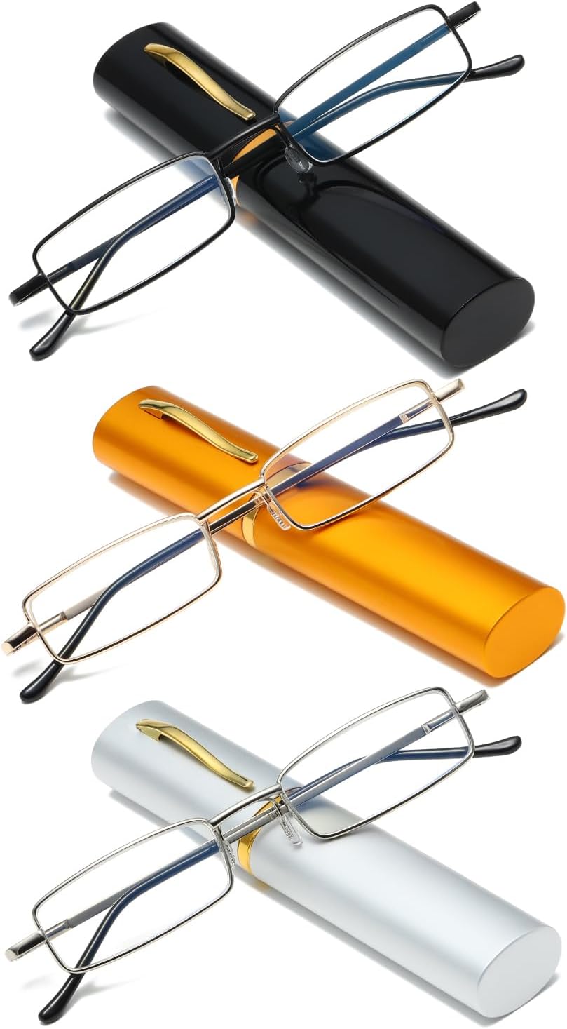 Viseng Slim Mini Metal Reading Glasses Compact Lightweight Portable Readers with Glasses Case for Reading Case +1.0 Black+Gold+Silver