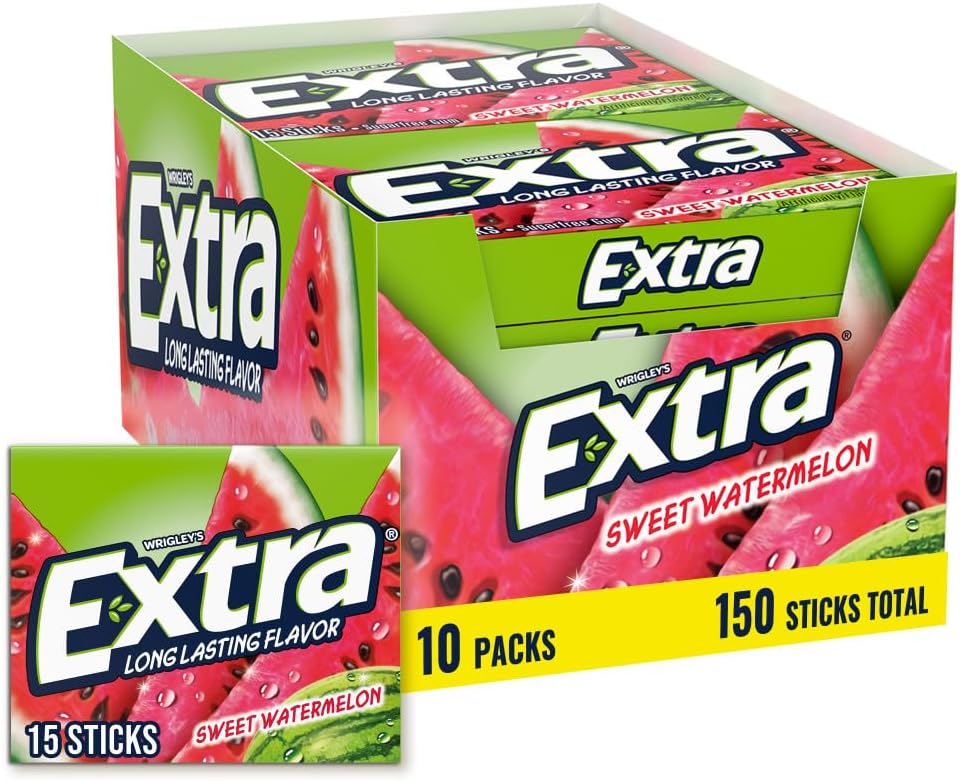 EXTRA Gum Sweet Watermelon Sugarfree, Bulk, Individually Wrapped, Long Lasting Fruit Gum Watermelon Flavor Perfect for Fresh Breath at School, Work & Travel 15 Count, Pack of 10