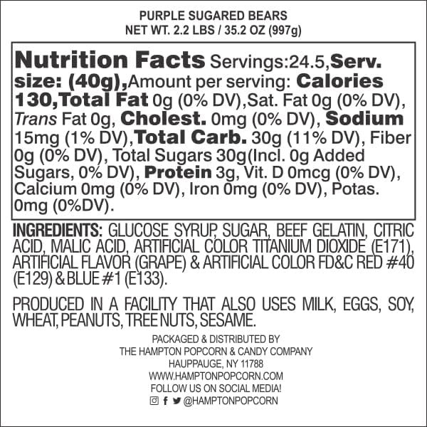Purple Gummy Bears Sugared, 2.2 Pound Bag, Purple Candy Grape Flavored, The Hampton Popcorn & Candy Company