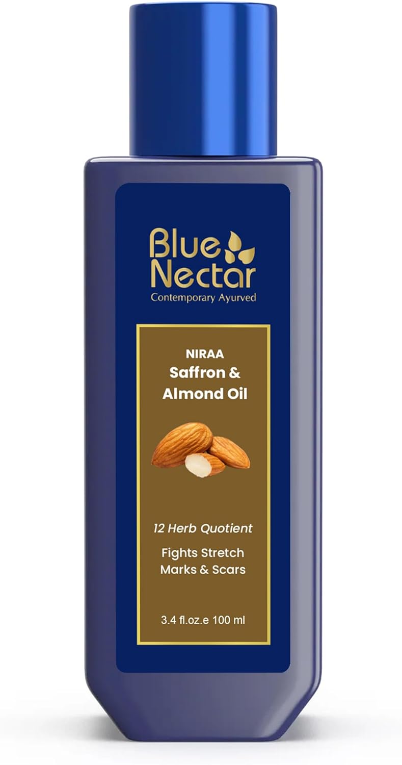 Blue Nectar Saffron & Almond Oil, Ayurveda Product for Crepey Skin | Skin Firming Body Oil for Stretch Marks (12 Herbs, 3.38 Fl Oz)