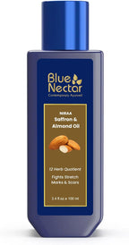 Blue Nectar Saffron & Almond Oil, Ayurveda Product for Crepey Skin | Skin Firming Body Oil for Stretch Marks (12 Herbs, 3.38 Fl Oz)