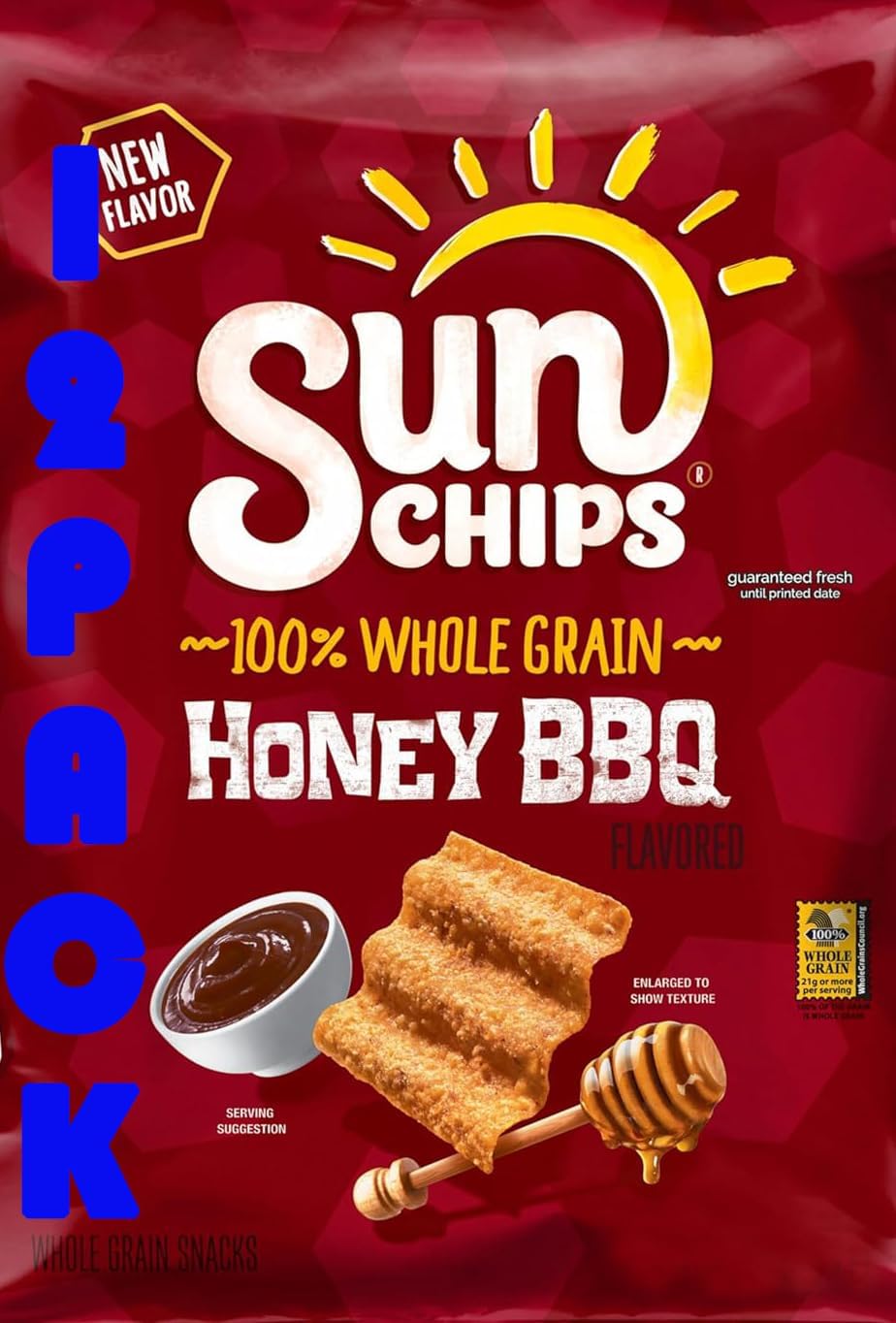 SunChips Honey BBQ 100% Whole Grain Multigrain Chips Snack Pack | Sweet & Smoky BBQ Flavor | 1.5 Oz Individual Bags | Value Pack of 12 | Bundled with Mystery Gift