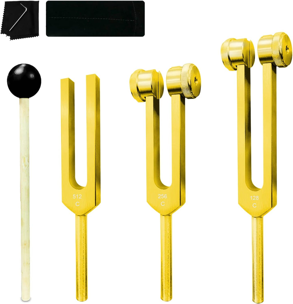 Tuning Fork Set 128Hz 256Hz 512Hz with Reflex Hammer, Gold Aluminum Alloy Tuning Forks for Sound Therapy, Meditation & Yoga, 3 PCS