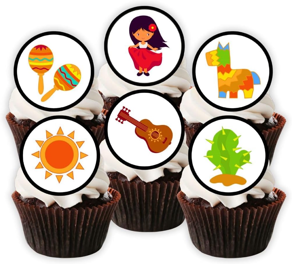 24 Mexican Mexico Theme #1 Edible Cupcake Toppers - Stand Up Discs Wafer Cake Decorations, Mexican Fiesta Party Decorations, Taco Birthday Party Supplies, Sugar Skulls Cake Toppers, 24 x 4cm / 1 Inch