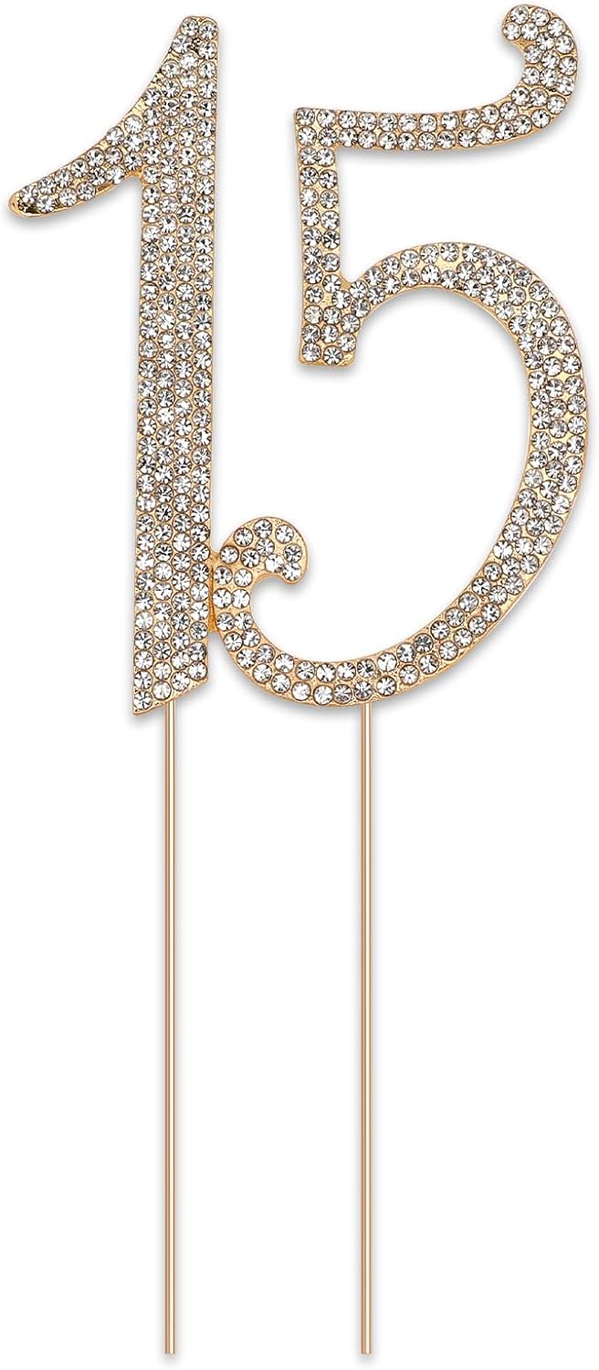 KALIONE 15 Cake Topper, Number 15 Birthday Cake Topper, Crystal Happy 15th Birthday Cake Topper, Rhinestones 15th Cake Topper Decoration for Birthday Party and Anniversary Decoration, Gold