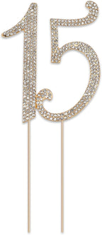 KALIONE 15 Cake Topper, Number 15 Birthday Cake Topper, Crystal Happy 15th Birthday Cake Topper, Rhinestones 15th Cake Topper Decoration for Birthday Party and Anniversary Decoration, Gold