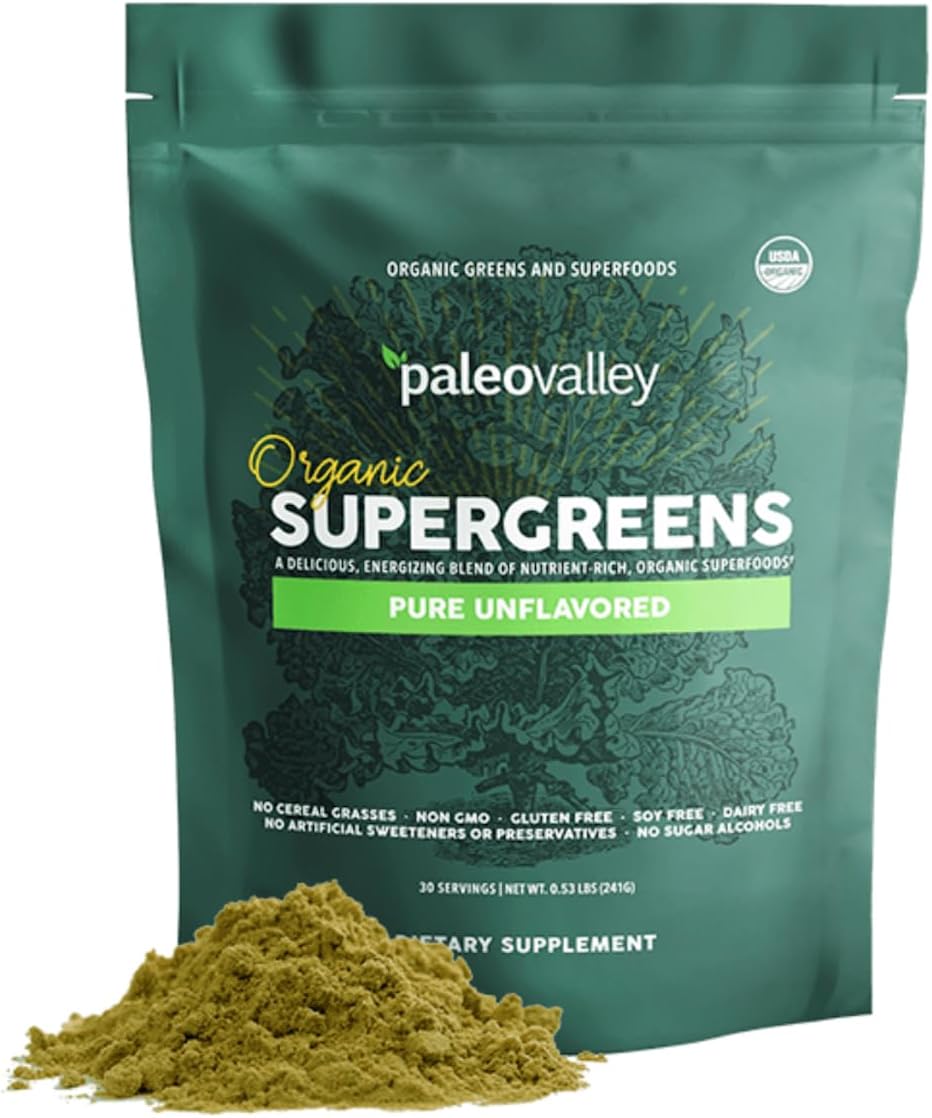 Paleovalley Organic Supergreens Powder - 23 Superfoods with Prebiotic Fiber for Energy and Immunity Support - No Cereal Grasses for Maximum Absorption - Pure Unflavored, 30 Servings