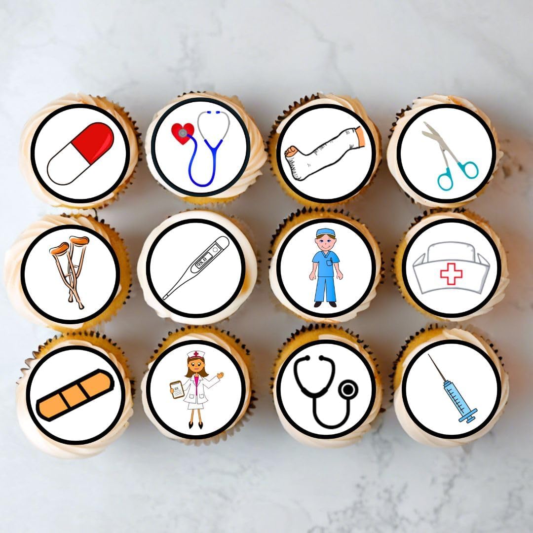 Edible Hospital Cupcake Toppers, Nurse Cake Decorations, Doctor Graduation Decoration, Doctors & Nurses Party, Congratulations Cake-Topper 24 x 1.5 Inch / 4cm Discs wafer card (UNCUT)