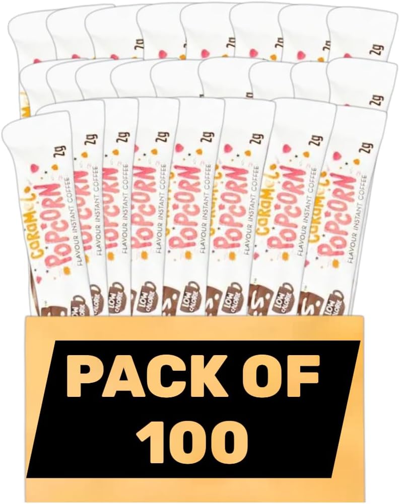 Beanies Caramel Popcorn Flavoured Instant Coffee Sticks – (Pack of 100) Sweet Caramel Popcorn Flavour