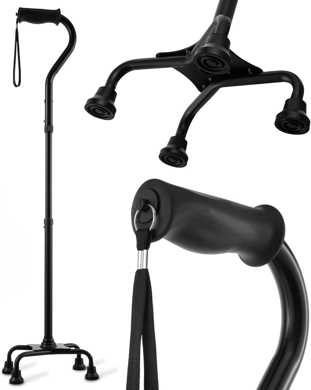 HONEYBULL Walking Quad Cane for Men & Women - Adjustable, Lightweight Quad Cane with Large 4 Pronged Base for Extra Balance & Stability; Walking Canes for Seniors, Walking Sticks (Black)
