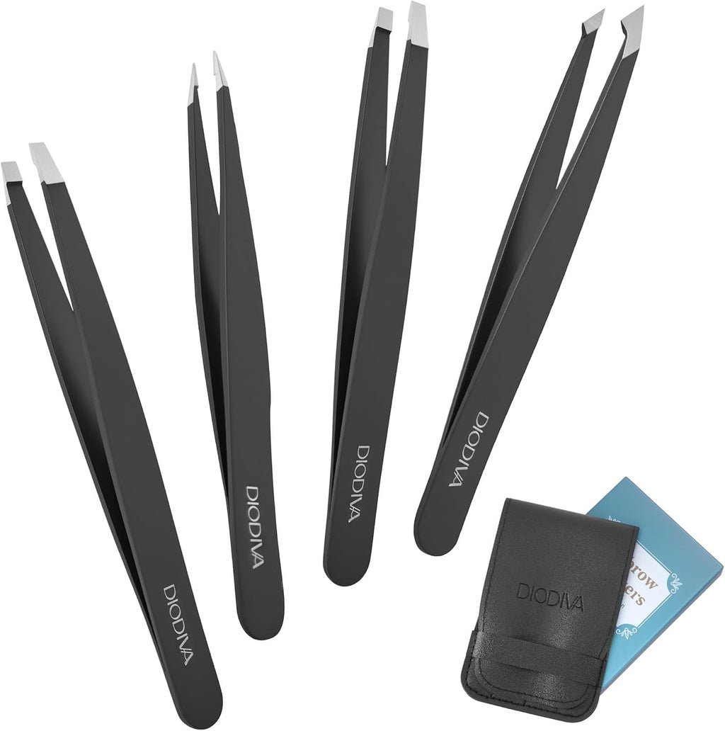 4-Pack Tweezers for Eyebrows Facial Hair, Ingrown Hair Removal, Tweezer Set with Case for Women and Men, Professional Stainless Steel Precision pinza de cejas Stocking Stuffers Christmas Gifts -Black