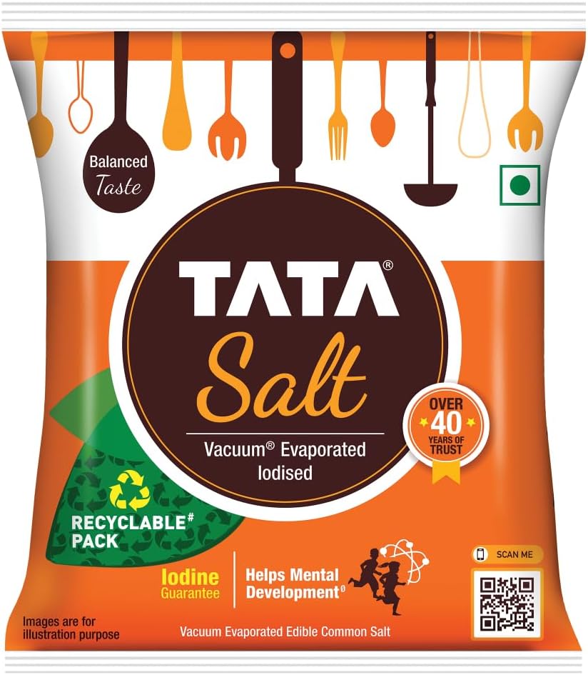 Tata Salt, 1 kg - (1000 grams pack) - 35.27 oz - India - Vacuum evaporated iodised salt - Vegetarian