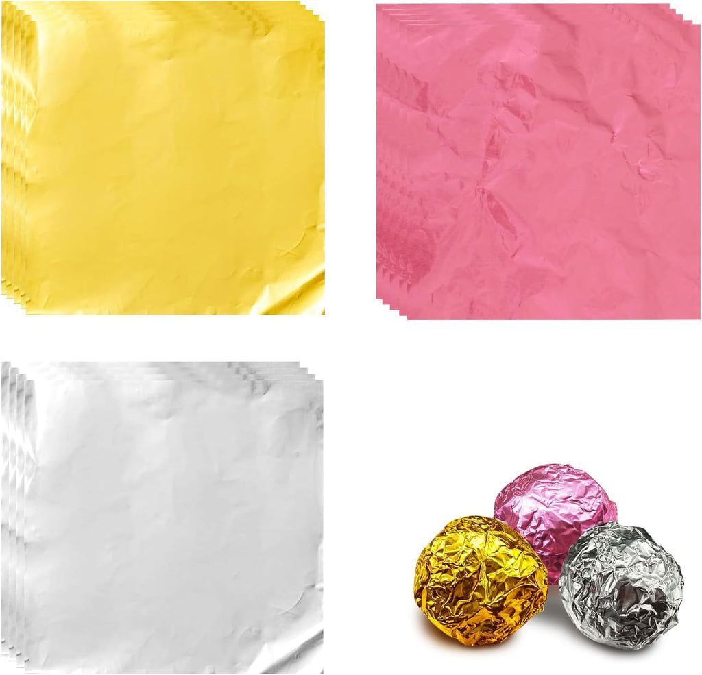 300 Pieces 7.8” Square Foil Candy Wrappers, Chocolate Foil Wrappers for Food DIY Candies Wrapping Packing Gifts (Gold, Silver, Pink)