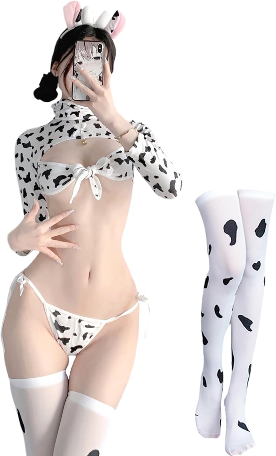 Women Sexy Cow Lingerie Set Anime Maid Cosplay Costume Sexy Roleplay Costumes Crop Top Set with Underpants Headband Stockings