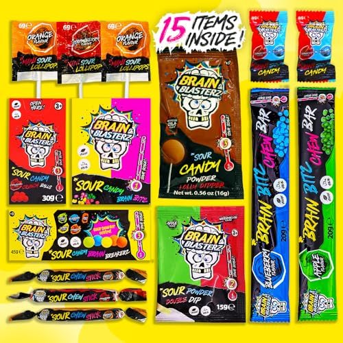 Brain Blasterz Sour Candy Snack Box – 15 Piece Sour Candy Variety Pack, Individual Wrapped Lollipops, Hard Candy, Chewy Candies & Sour Powder – Fun Gift for Easter, Halloween, Christmas & Birthdays