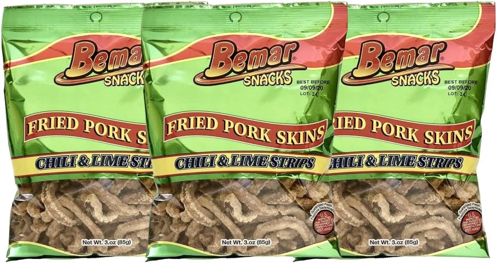 Bemar Snacks Fried Pork Skins Chili Lime 3 bags/3oz per bag