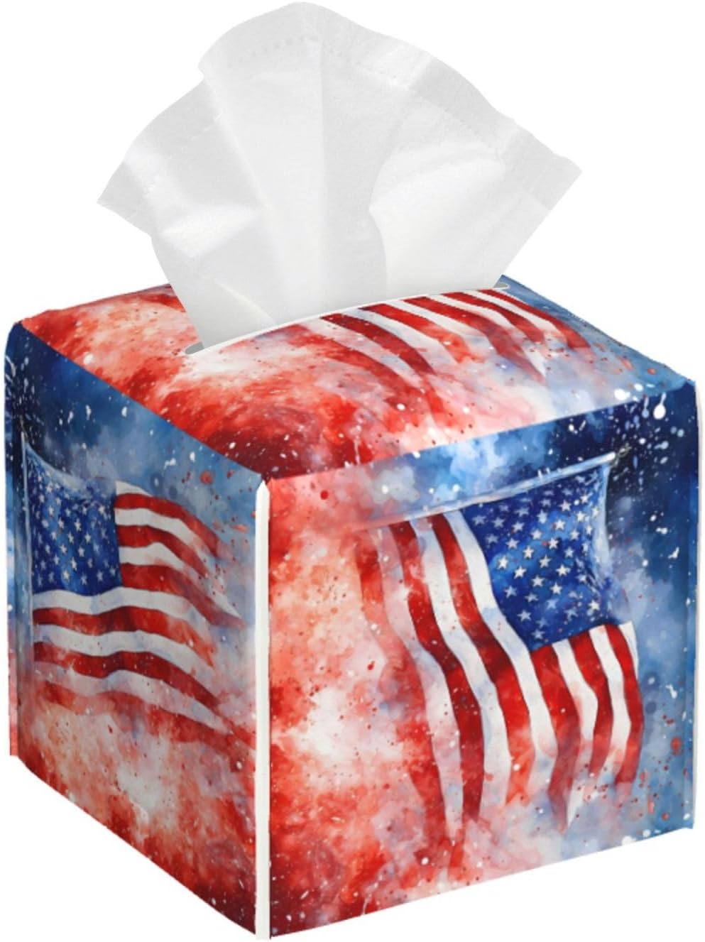 Tissue Box Cover America USA Flag 4th of July Square PU Leather Tissue Box Holder for Car Bathroom Bedroom Desk Tabletop Decor
