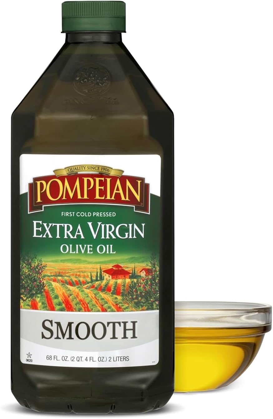 Pompeian Smooth Extra Virgin Olive Oil - 68 fl oz - 2 L - First Cold Pressed Olive Oil for Cooking - Smooth Taste for Sauteing, Stir-Frying, and Baking