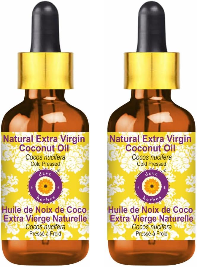dève herbes Natural Extra Virgin Coconut Oil (Cocos nucifera) with Glass Dropper Cold Pressed (Pack of Two) 100ml X 2 (6.76 oz)