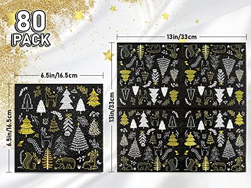 Whaline 80 Pack Christmas Paper Napkins 6.5 x 6.5" Xmas Tree Cocktail Napkins Disposable Black White Gold Party Beverage Napkins for Christmas New Year Winter Holiday Dinner Party Supplies