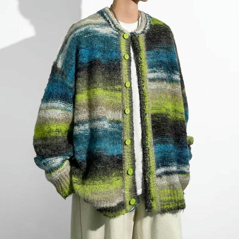 Autumn Winter Men's Hong Kong Style Trendy Loose Casual Color Block Knit Cardigan