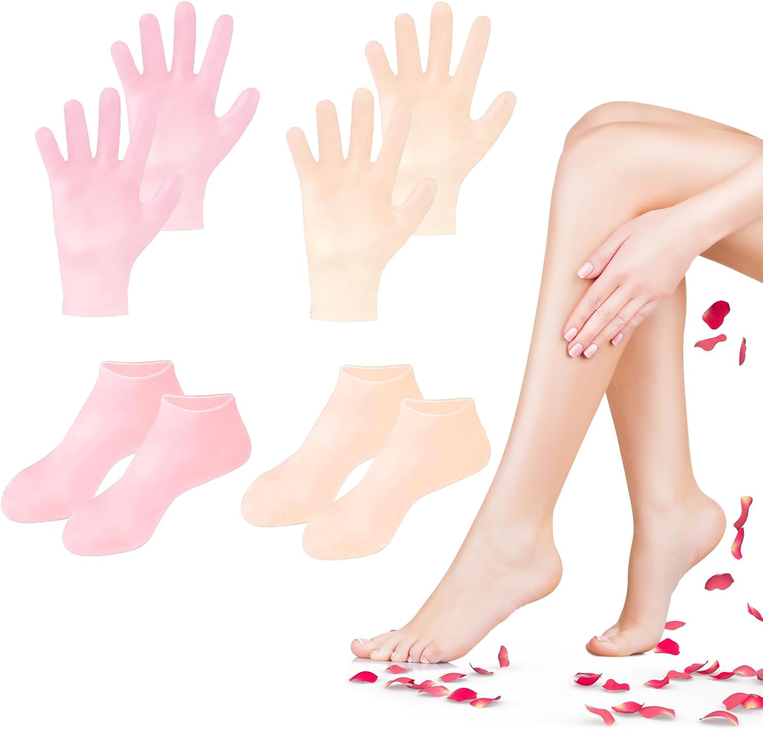 TEAWOO 4 Pairs Silicone Socks Gloves Set for Dry Cracked Feet and Hands, Silicone Foot Socks for Women, Moisturizing Feet
