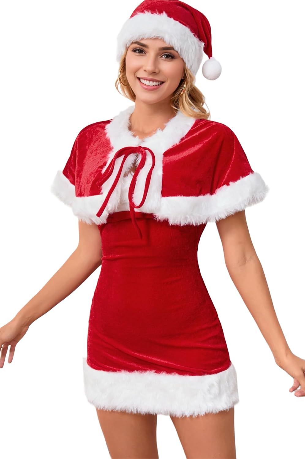 Khanda Christmas Outfits for Women with Cape Sexy Mini Dress 3pcs Christmas Outfits Sexy Santa Dress for Xmas
