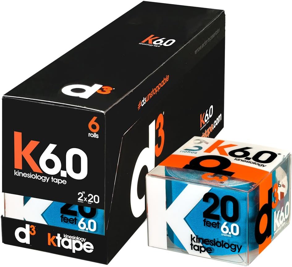 d3 K6.0 Kinesiology Tape - 2in x 20ft Electric Blue (6 Rolls) Latex-Free Hypoallergenic Joint Muscle Sports Medical Injury Support